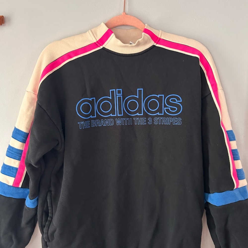 Adidas Vintage Black Sweater with Blue and Pink Accents